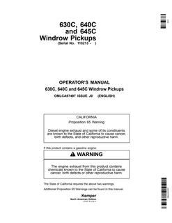 John Deere 630C; 640C; 645C Windrow pickup Operator manual OMLCA97497 — actual manual cover