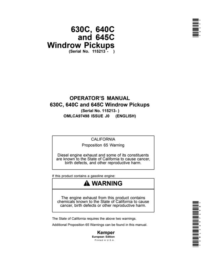 John Deere 630C; 640C; 645C Windrow pickup Operator manual OMLCA97498 — actual manual cover