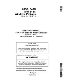 John Deere 630C; 640C; 645C Windrow pickup Operator manual OMLCA97498 — actual manual cover