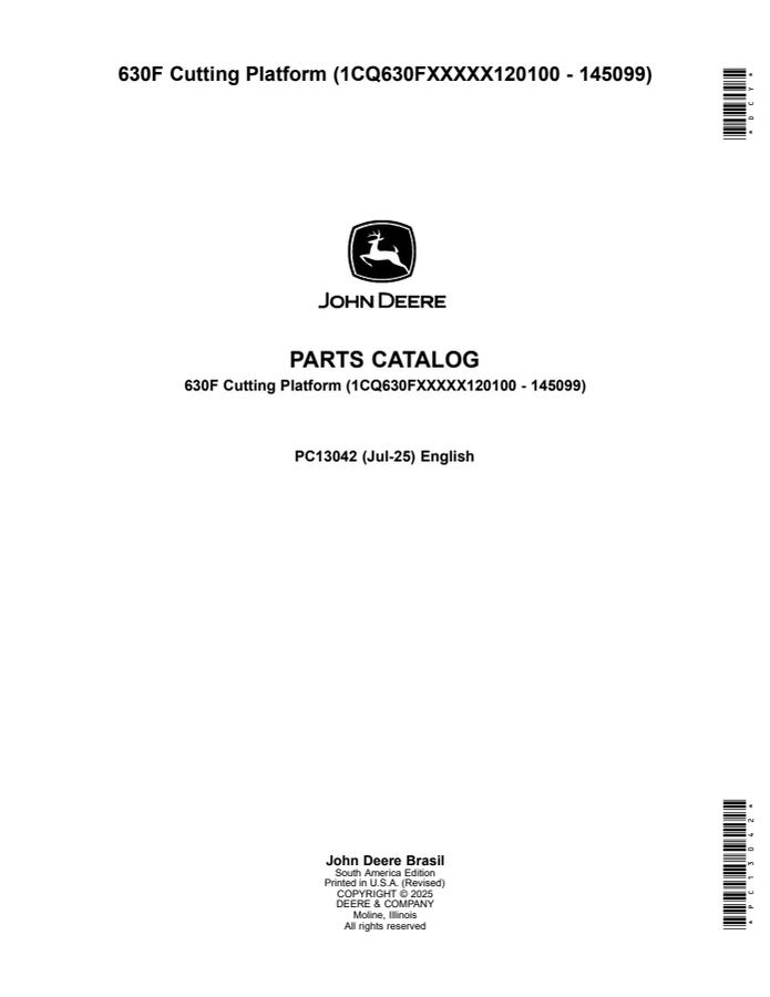 John Deere 630F Cutting platform Parts catalog PC13042 — actual manual cover