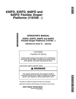 John Deere 630FD; 635FD; 640FD; 645FD Flexible draper platform Operator manual OMHXE94126 — actual manual cover