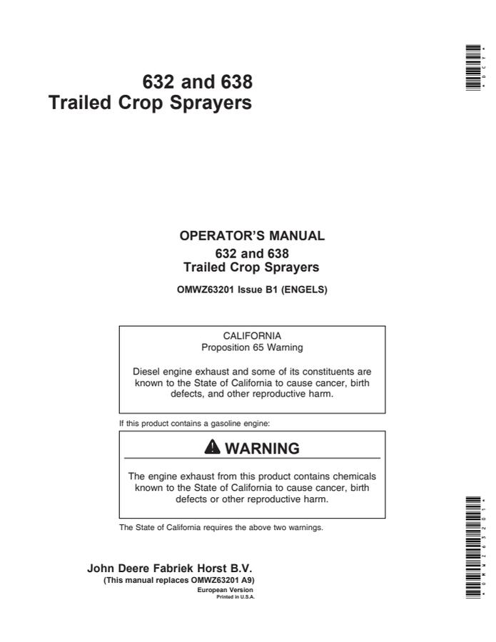 John Deere 632; 638 Trailed crop sprayer Operator manual OMWZ63201 — actual manual cover