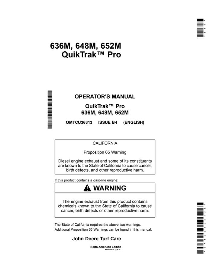 John Deere 636M; 648M; 652M QuikTrak mower Operator manual OMTCU36313 — actual manual cover