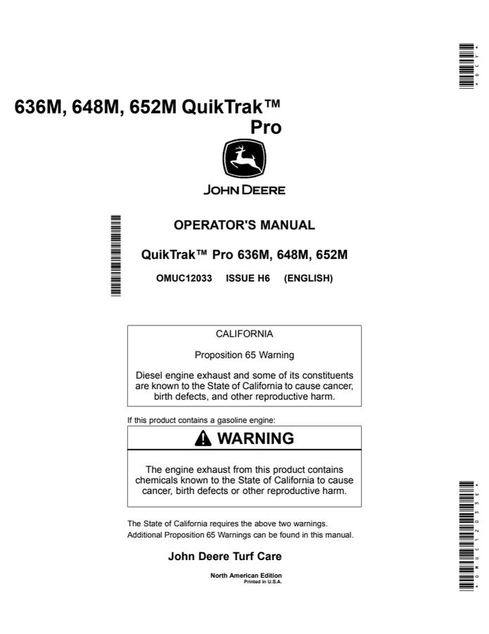John Deere 636M; 648M; 652M QuikTrak mower Operator manual OMUC12033 — actual manual cover