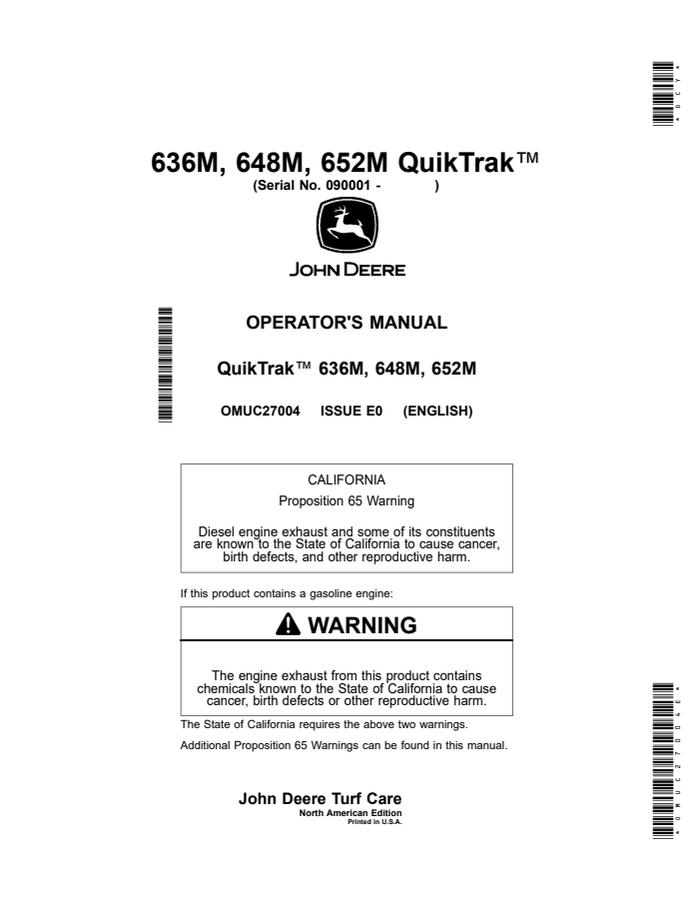 John Deere 636M; 648M; 652M QuikTrak mower Operator manual OMUC27004 — actual manual cover