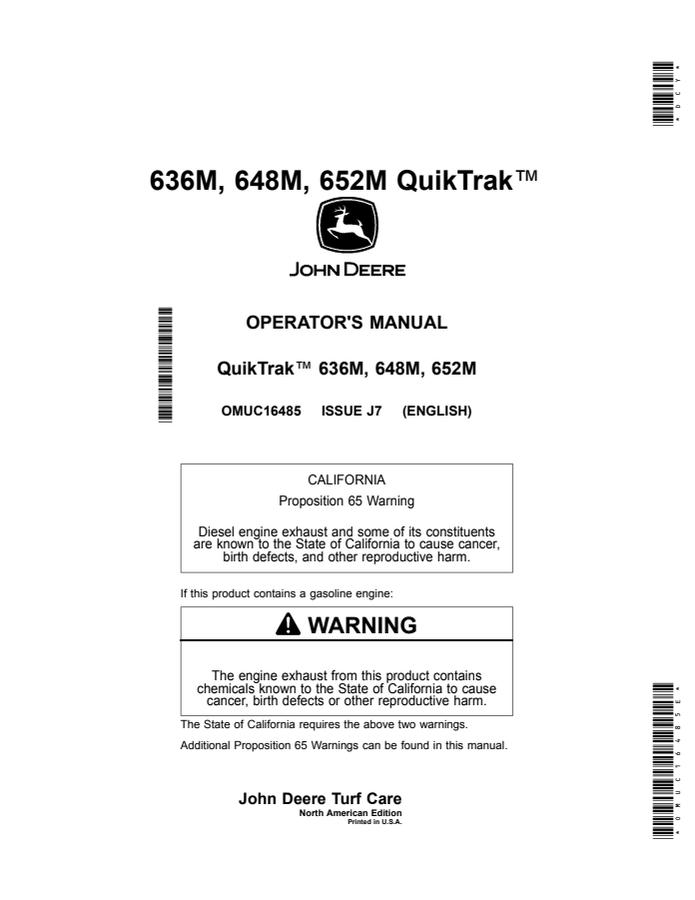 John Deere 636M, 648M and 652M QuikTrak Operator's Manual — actual manual cover