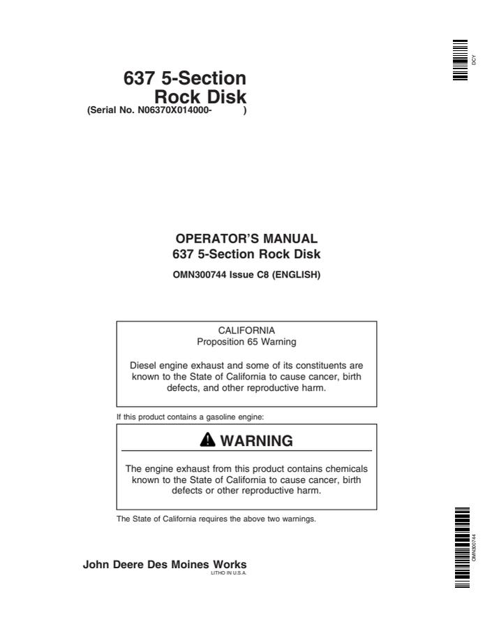 John Deere 637 5-Section Rock Disk Disk Operator manual OMN300744 — actual manual cover