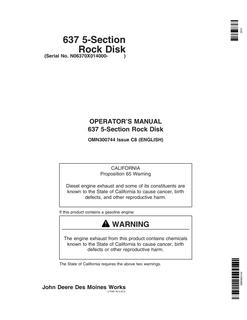 John Deere 637 5-Section Rock Disk Disk Operator manual OMN300744 — actual manual cover
