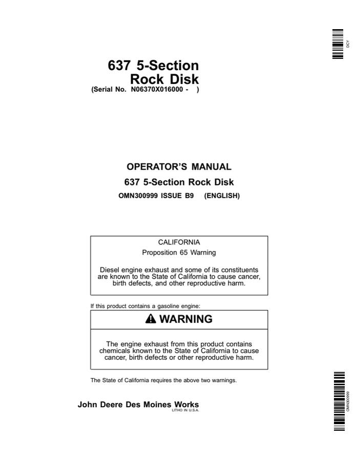 John Deere 637 5-Section Rock Disk Disk Operator manual OMN300999 — actual manual cover
