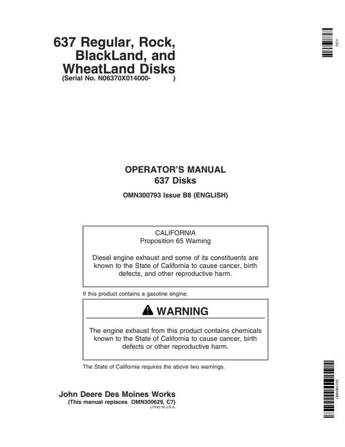 John Deere 637 Regular; Rock; BlackLand; WheatLand Disk Operator manual OMN300793 — actual manual cover