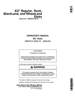 John Deere 637 Regular; Rock; BlackLand; WheatLand Disk Operator manual OMN401312 — actual manual cover