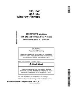 John Deere 639; 649; 659 Windrow pickup Operator manual OMLCA128605 — actual manual cover