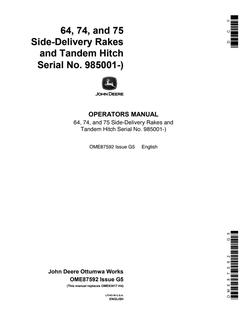 John Deere 64; 74; 75 Side-delivery rake and tandem hitch Operator manual OME87592 — actual manual cover
