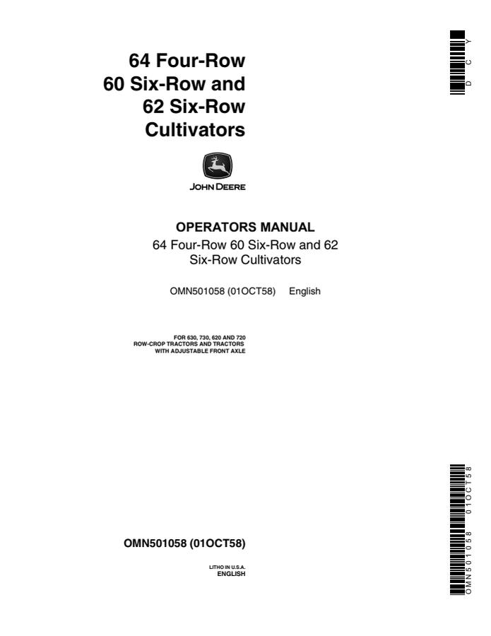 John Deere 64 Four-Row; 60 Six-Row; 62 Six-Row Cultivator Operator manual OMN501058 — actual manual cover