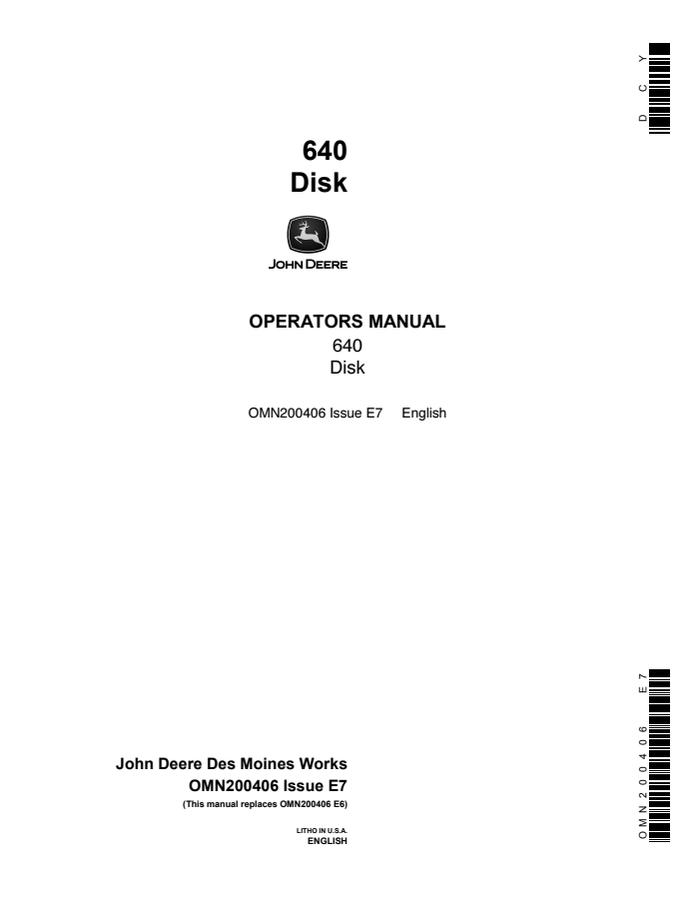 John Deere 640 Disk Operator manual OMN200406 — actual manual cover