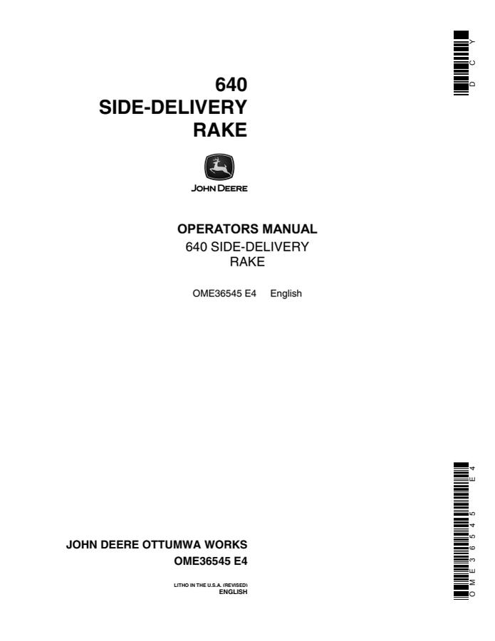 John Deere 640 Side-Delivery Rake Operator's Manual OME36545 — actual manual cover