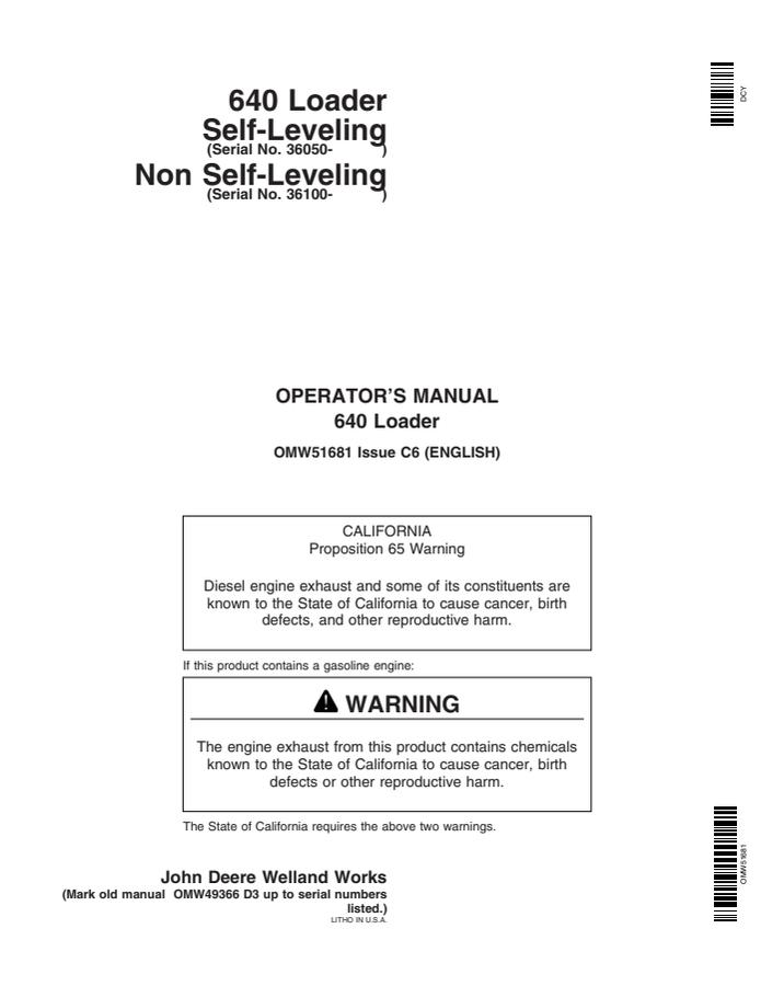 John Deere 640 Wheel loader Operator manual OMW51681 — actual manual cover