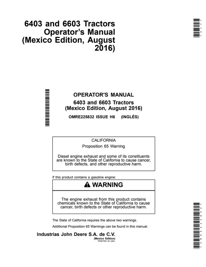 John Deere 6403; 6603 Tractor Operator manual OMRE225832 — actual manual cover