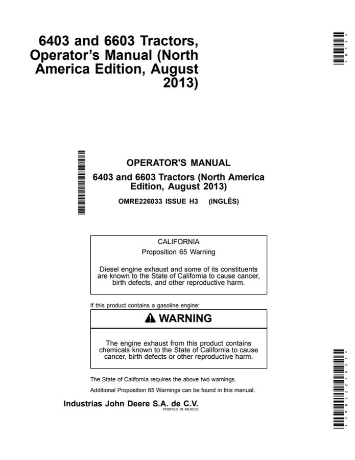 John Deere 6403; 6603 Tractor Operator manual OMRE226033 — actual manual cover