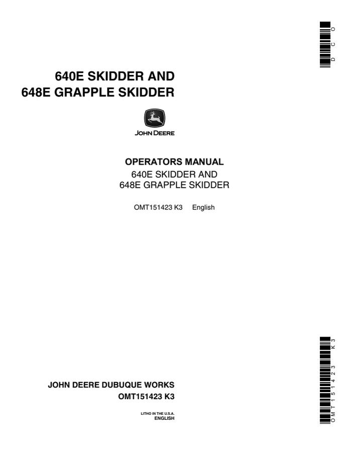 John Deere 640E; 648E Skidder Operator manual OMT151423 — actual manual cover
