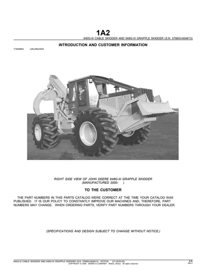 John Deere 640G-III, 648G-III Skidder Parts catalog PC2735 — actual manual cover