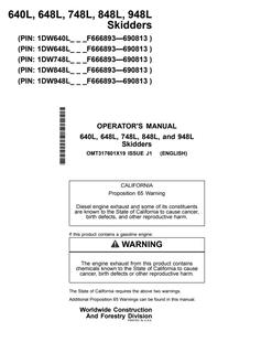 John Deere 640L, 648L, 748L, 848L, 948L Skidder Operator's manual OMT317601X19 — actual manual cover