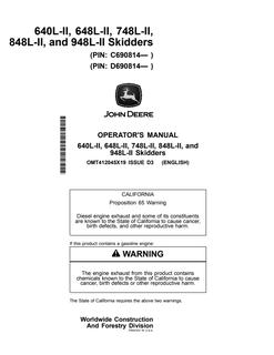 John Deere 640L-II; 648L-II; 748L-II; 848L-II; 948L-II Skidder Operator manual OMT412045X19 — actual manual cover