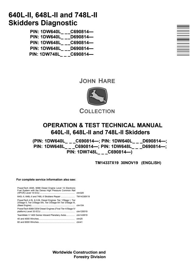John Deere 640L-II, 648L-II, 748L-II Skidder Diagnostic Operation and Test Technical Manual TM14337X19 — actual manual cover
