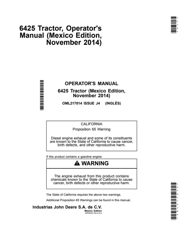 John Deere 6425 Tractor Operator manual OML217014 — actual manual cover