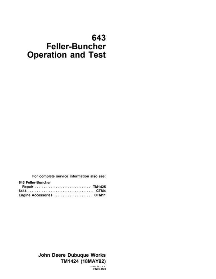 John Deere 643 Feller buncher Operation and test technical manual TM1424 — actual manual cover