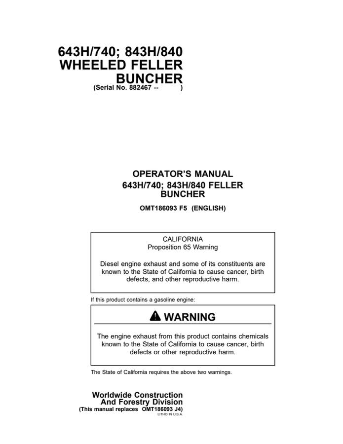 John Deere 643H/740, 843H/840 Feller buncher Operator's manual OMT186093 — actual manual cover