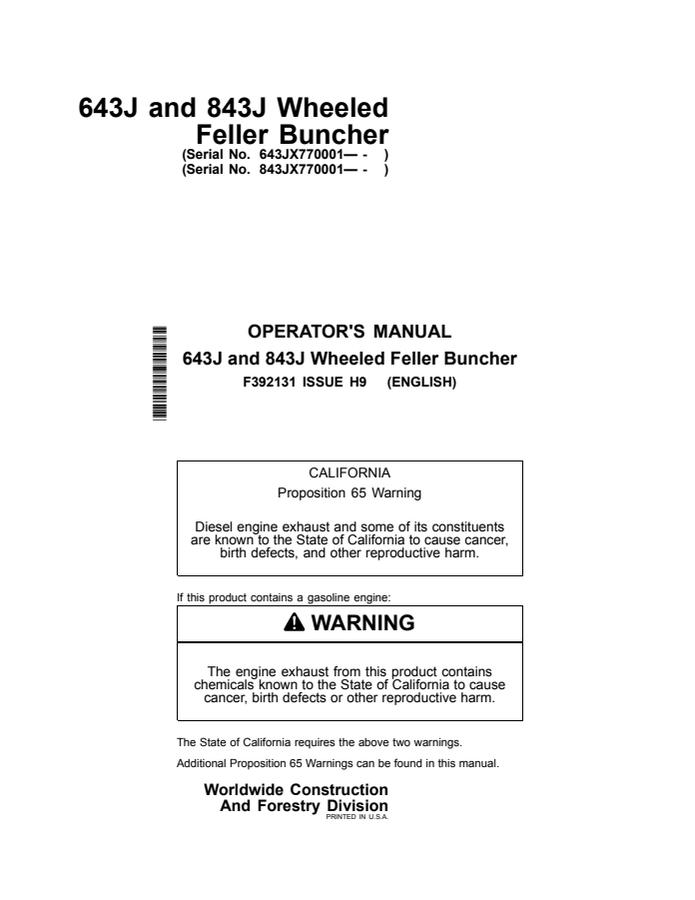 John Deere 643J, 843J Feller buncher Operator's manual F392131 — actual manual cover