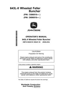 John Deere 643L-II Wheeled feller buncher Operator's manual OMT412052X19 — actual manual cover