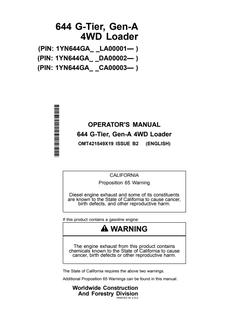 John Deere 644 G-Tier Gen-A Wheel loader Operator manual OMT421549X19 — actual manual cover