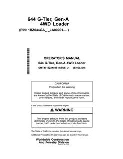 John Deere 644 G-Tier, Gen-A Wheel loader Operator manual OMT471622X019 — actual manual cover