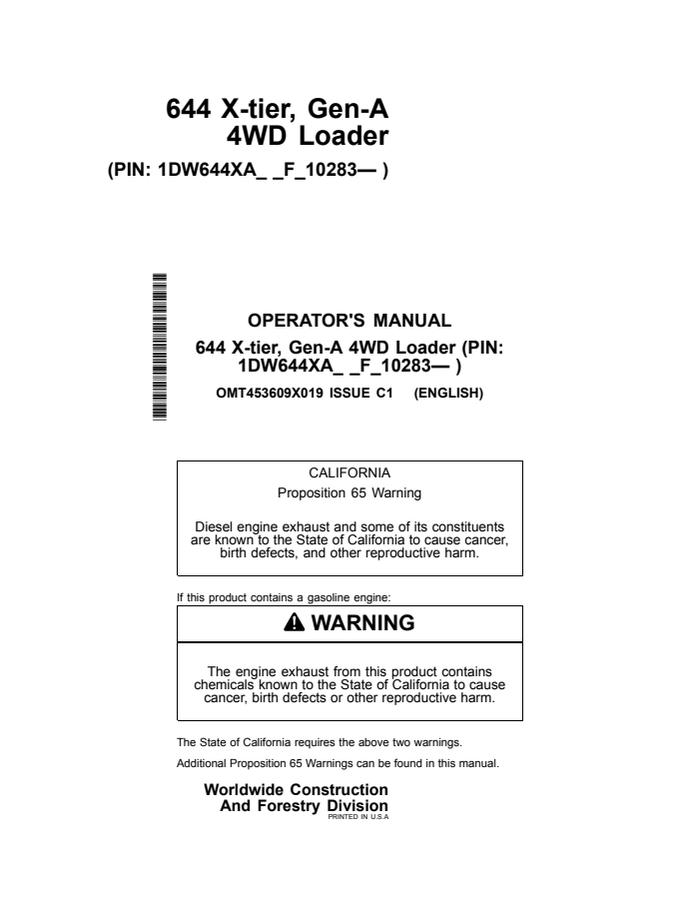 John Deere 644 X-tier, Gen-A Wheel loader Operator manual OMT453609X019 — actual manual cover