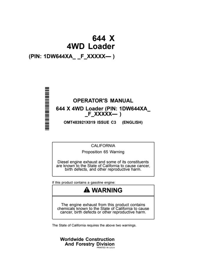 John Deere 644 X Wheel loader Operator manual OMT483921X019 — actual manual cover