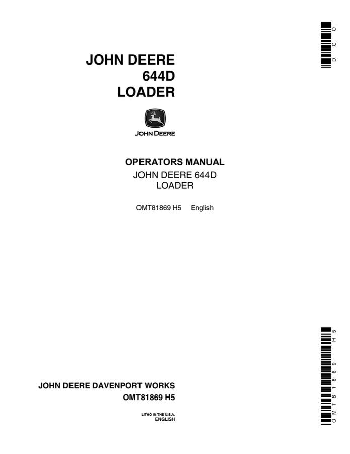 John Deere 644D Loader Operator manual OMT81869 — actual manual cover