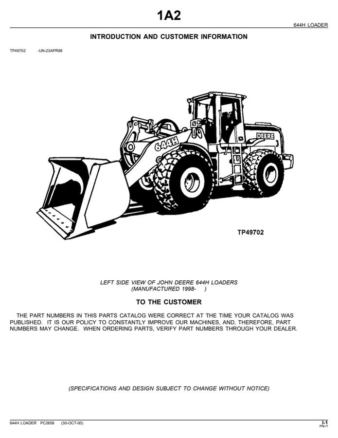 John Deere 644H Loader Parts catalog PC2658 — actual manual cover