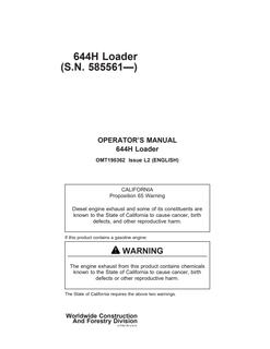 John Deere 644H Wheel loader Operator manual OMT195362 — actual manual cover