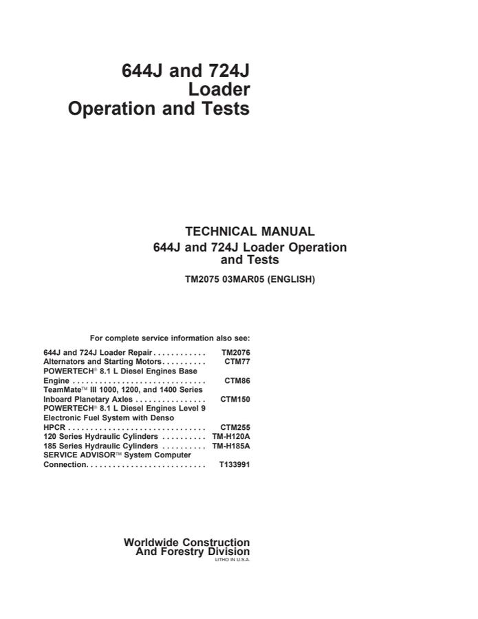 John Deere 644J, 724J Loader Operation and Tests Technical Manual TM2075 — actual manual cover
