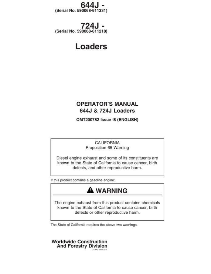 John Deere 644J, 724J Loader Operator manual OMT200782 — actual manual cover