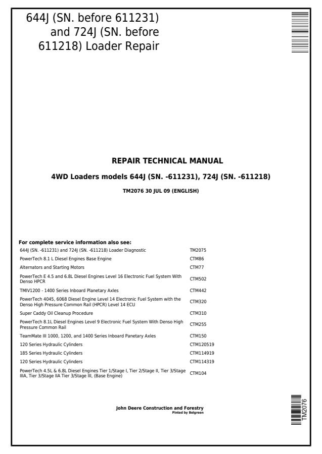 John Deere 644J, 724J Loader Repair technical manual TM2076 — actual manual cover