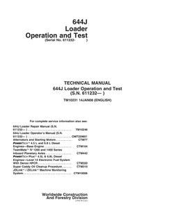 John Deere 644J Loader Operation and test manual TM10231 — actual manual cover