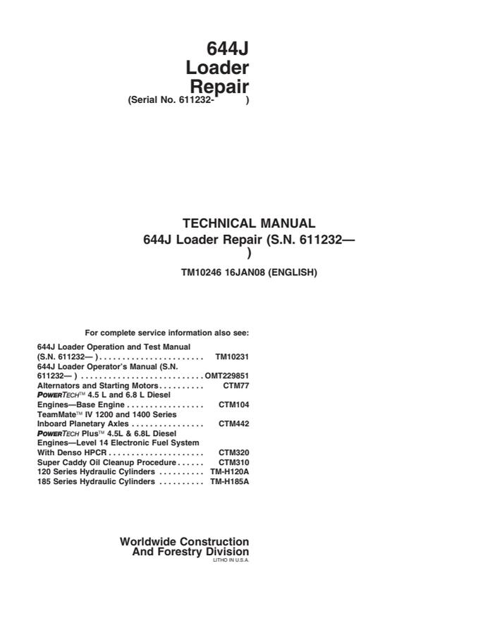 John Deere 644J Loader Repair technical manual TM10246 — actual manual cover