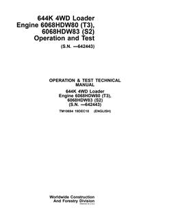 John Deere 644K 4WD Loader Operation and Test Technical Manual TM10694 — actual manual cover
