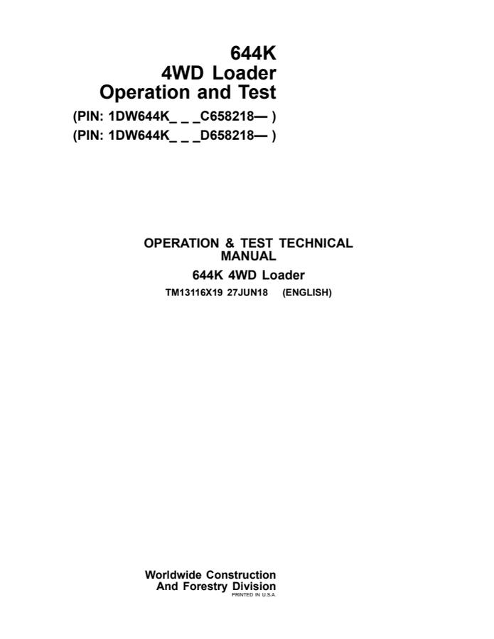 John Deere 644K 4WD Loader Operation and Test Technical Manual TM13116X19 — actual manual cover