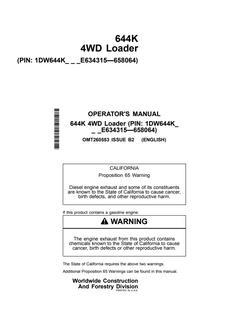 John Deere 644K 4WD loader Operator manual OMT260553 — actual manual cover