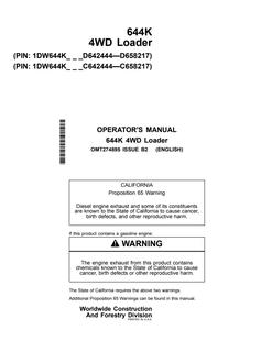 John Deere 644K 4WD loader Operator manual OMT274895 — actual manual cover