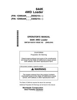 John Deere 644K 4WD loader Operator manual OMT391193X19 — actual manual cover
